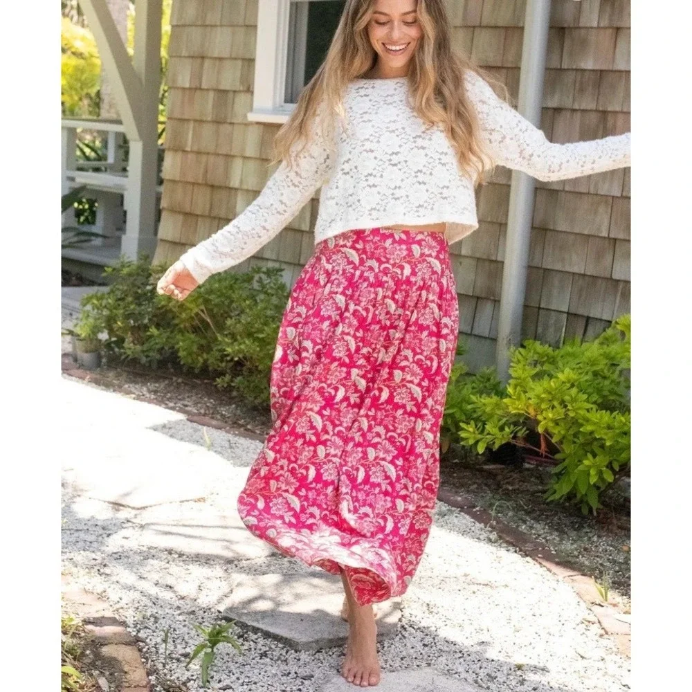 Natural Life Lisa Skirt XL Red Floral Maxi Spring Colorful Hippie Boho Cottage